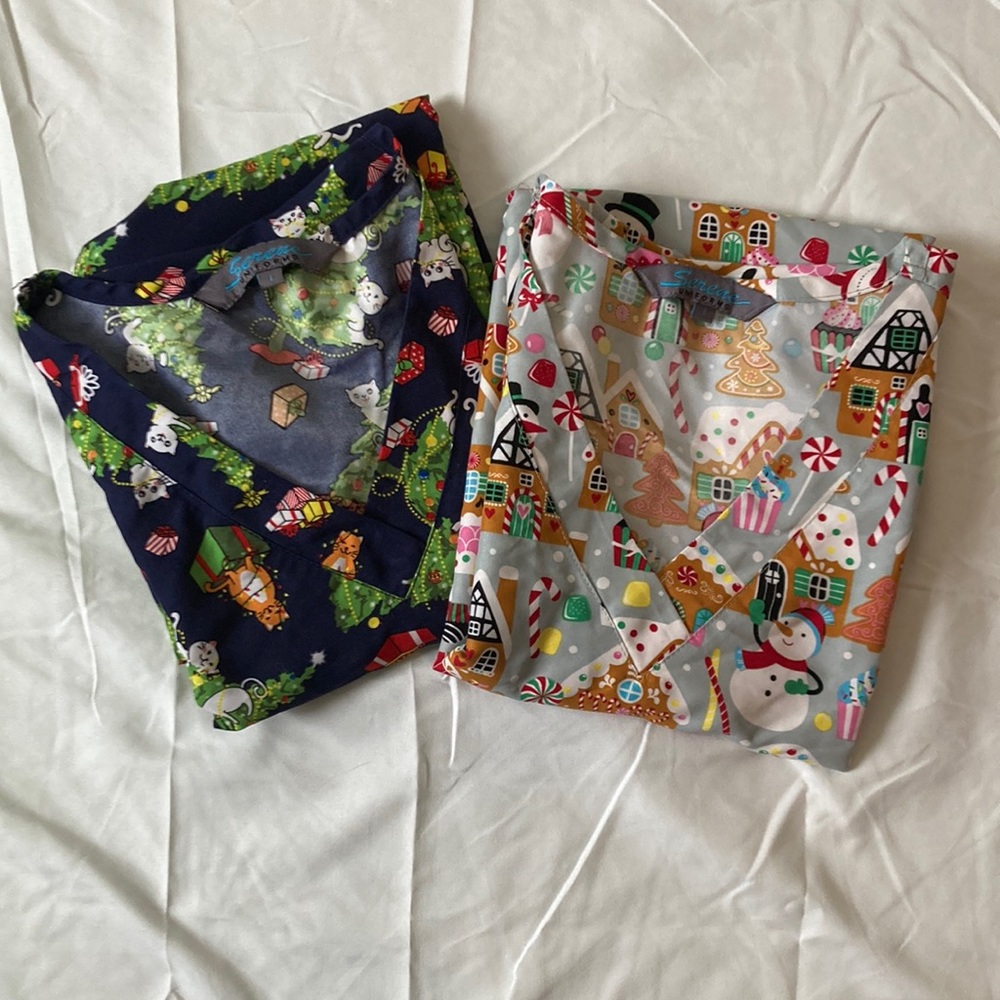 Two Large Christmas Scrub Tops size Large Serene Uniforms